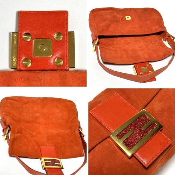 Authentic FENDI Mamma Baguette Orange Suede Gold Glitter Flap Shoulder Bag Purse - Picture 5 of 8